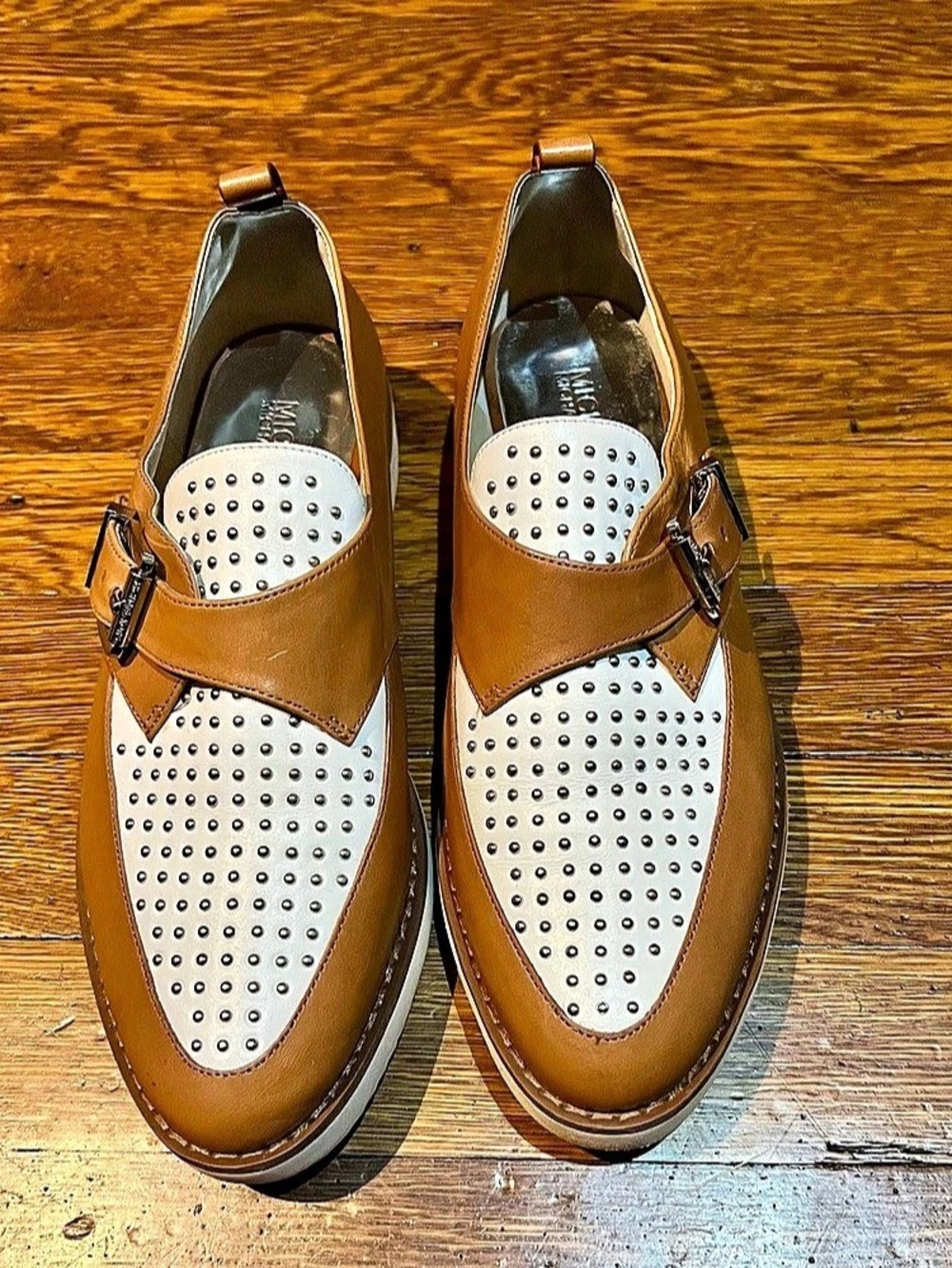 Michael Kors Studded Loafers in Luggage & White